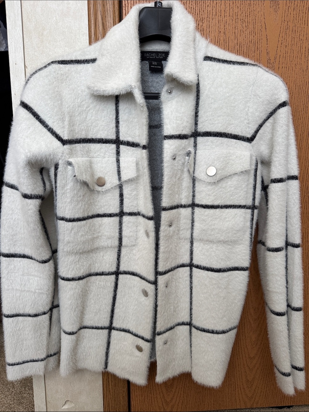 Rachel Zoe Cream Shaggy Windowpane Check Jacket